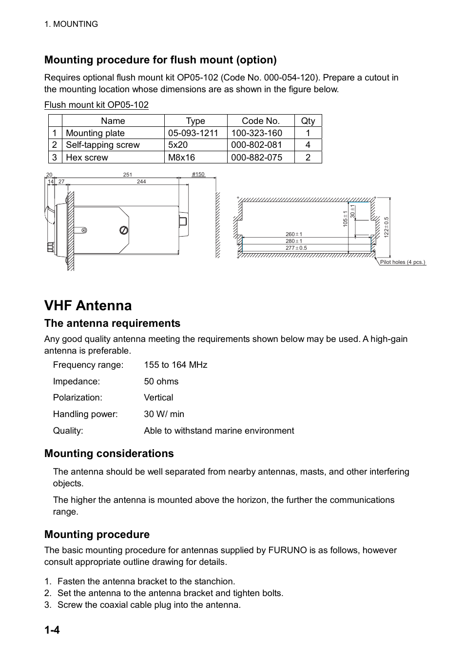Vhf antenna, 4 mounting procedure for flush mount (option), The antenna requirements | Mounting considerations, Mounting procedure | Furuno FM-8800S User Manual | Page 12 / 72
