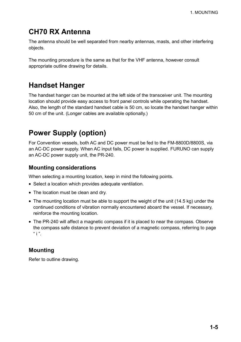 Ch70 rx antenna, Handset hanger, Power supply (option) | Furuno FM-8800S User Manual | Page 13 / 72