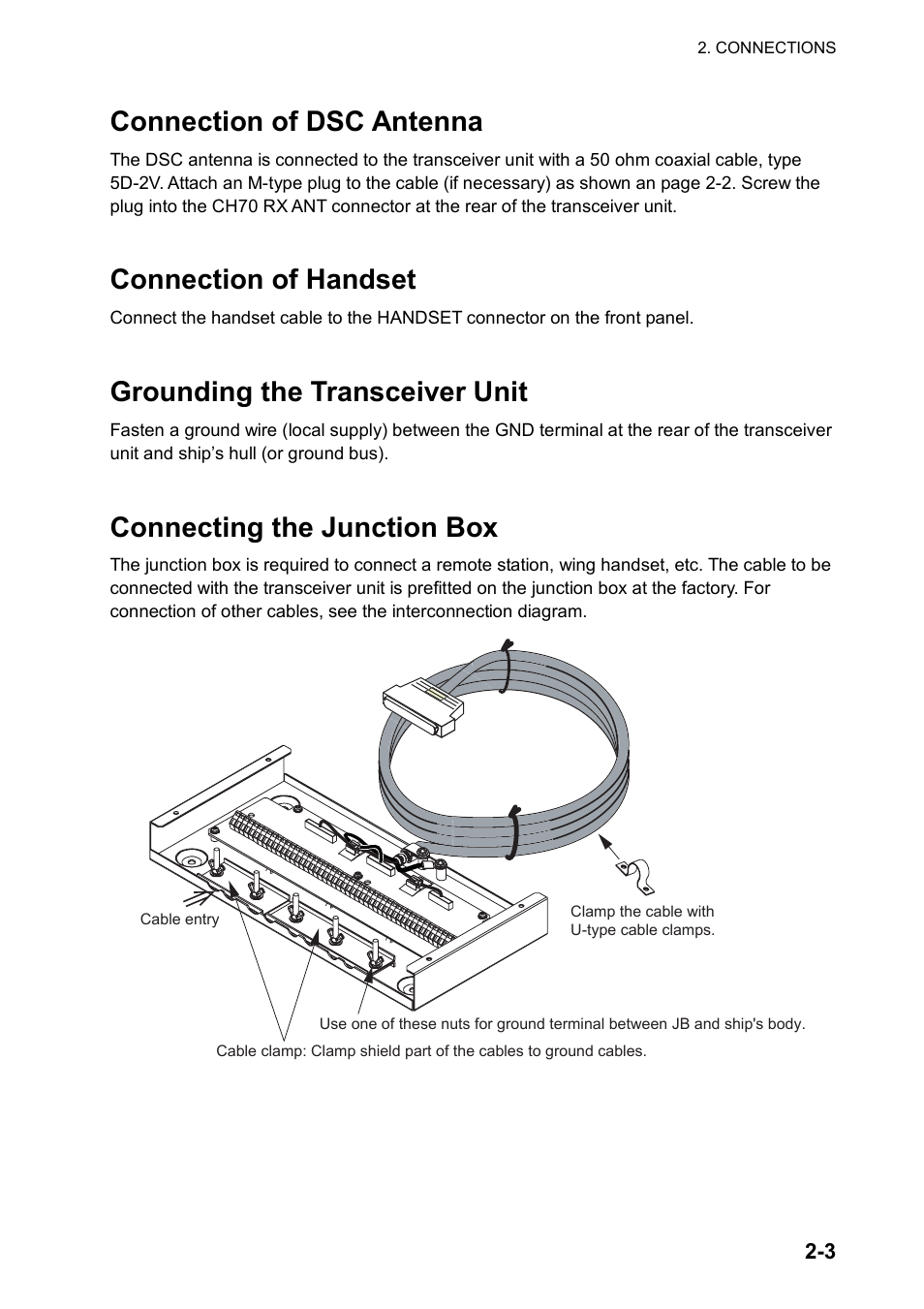 Connection of dsc antenna, Connection of handset, Grounding the transceiver unit | Connecting the junction box | Furuno FM-8800S User Manual | Page 21 / 72