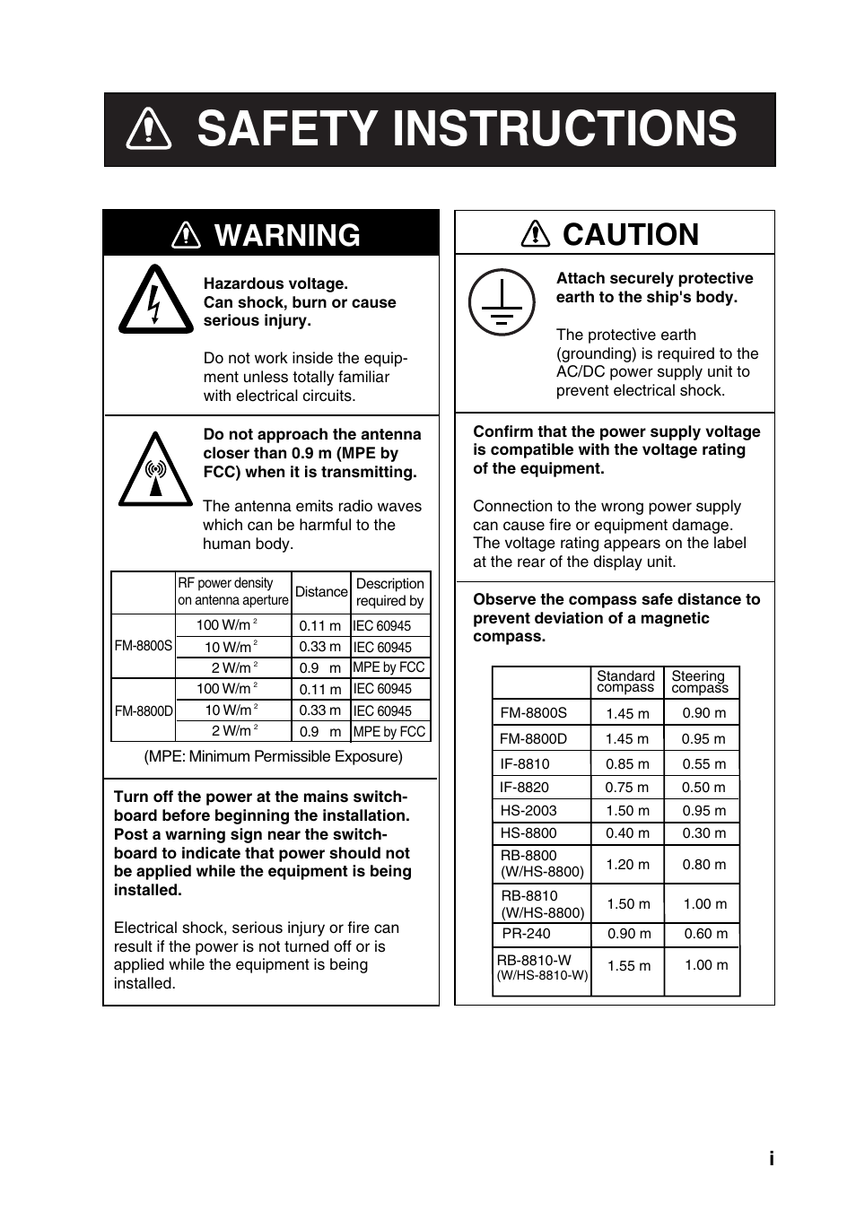 Safety instructions, Warning, Caution | Furuno FM-8800S User Manual | Page 3 / 72