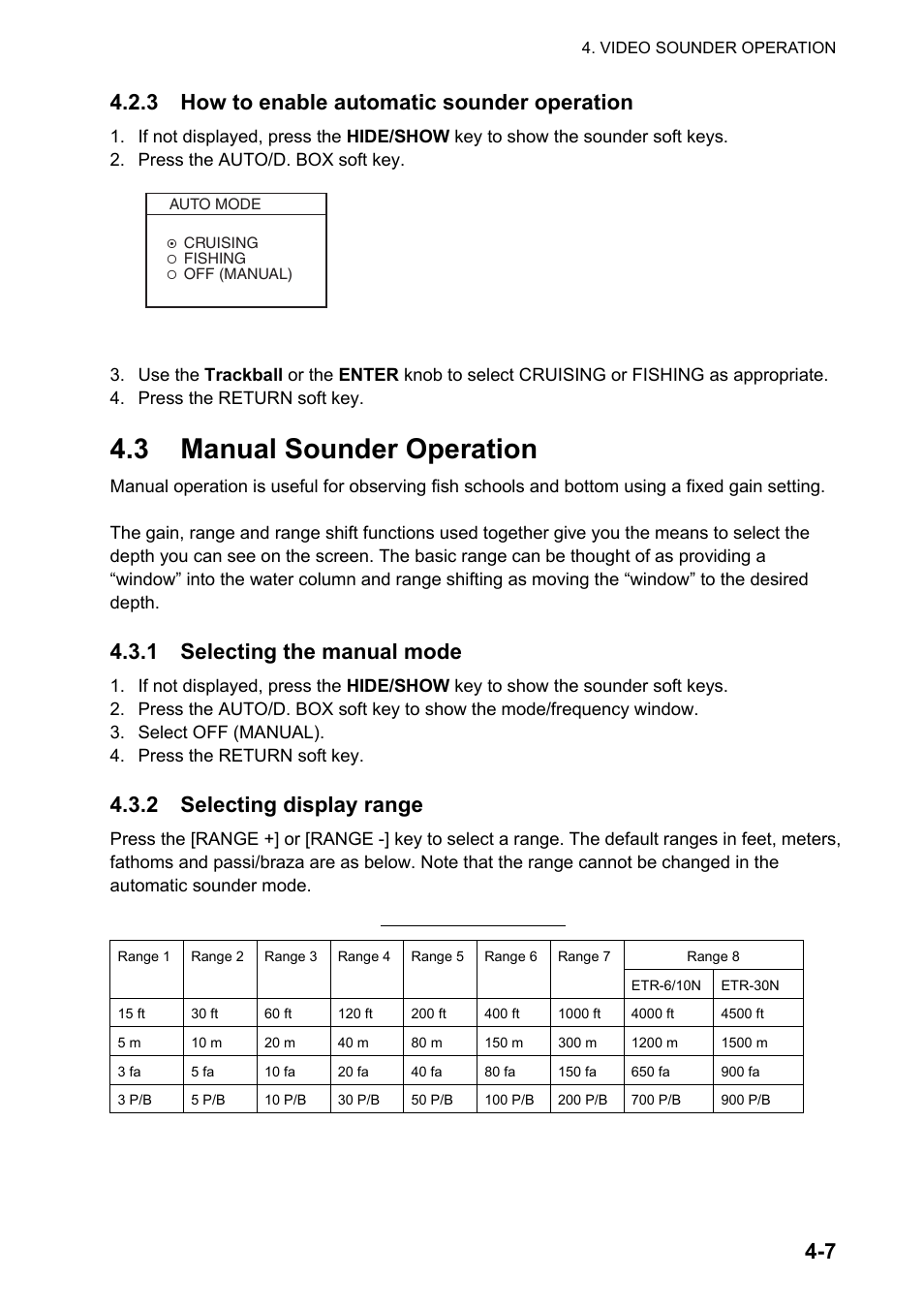 3 manual sounder operation, 7 4.2.3 how to enable automatic sounder operation, 1 selecting the manual mode | 2 selecting display range | Furuno NATVET 1824C User Manual | Page 128 / 239
