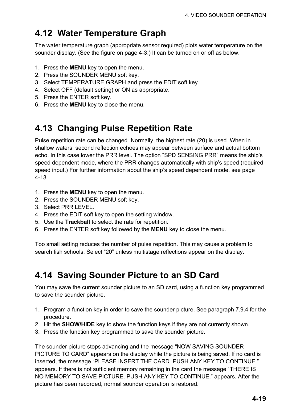 12 water temperature graph, 13 changing pulse repetition rate, 14 saving sounder picture to an sd card | Furuno NATVET 1824C User Manual | Page 140 / 239