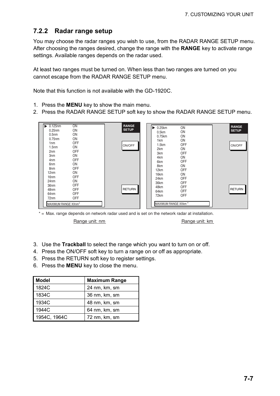 7 7.2.2 radar range setup | Furuno NATVET 1824C User Manual | Page 168 / 239