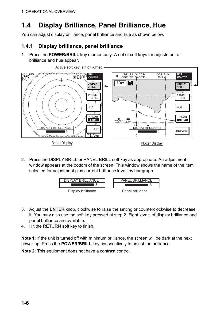 4 display brilliance, panel brilliance, hue, 1 display brilliance, panel brilliance, 12/ h-up | Furuno NATVET 1824C User Manual | Page 17 / 239