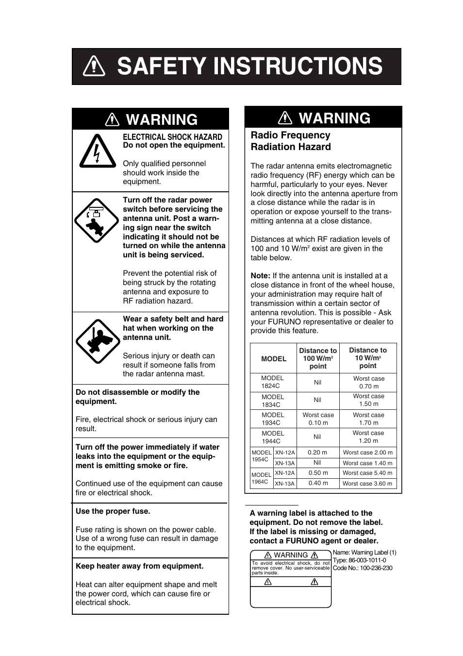 Safety instructions, Warning, Radio frequency radiation hazard | Furuno NATVET 1824C User Manual | Page 2 / 239