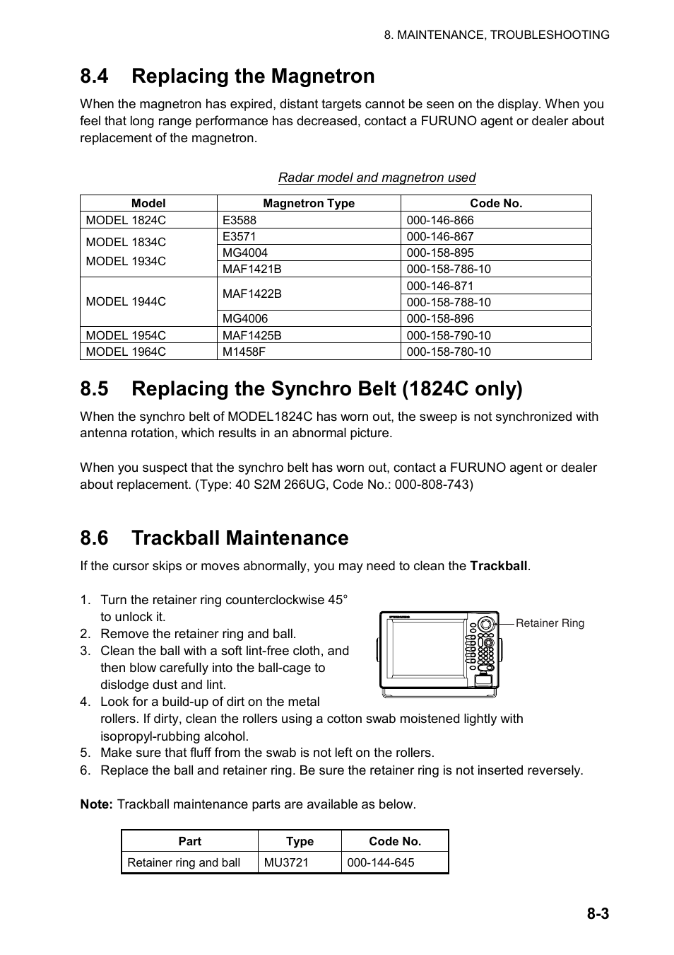 4 replacing the magnetron, 5 replacing the synchro belt (1824c only), 6 trackball maintenance | Furuno NATVET 1824C User Manual | Page 202 / 239