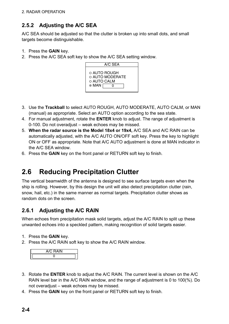 6 reducing precipitation clutter, 4 2.5.2 adjusting the a/c sea, 1 adjusting the a/c rain | Furuno NATVET 1824C User Manual | Page 33 / 239