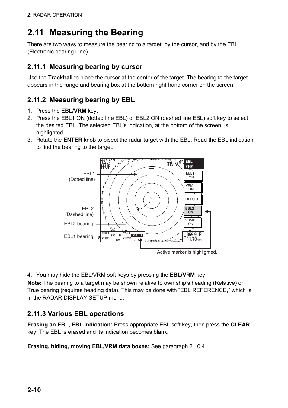 11 measuring the bearing, 1 measuring bearing by cursor, 2 measuring bearing by ebl | 3 various ebl operations, 12/ h-up | Furuno NATVET 1824C User Manual | Page 39 / 239