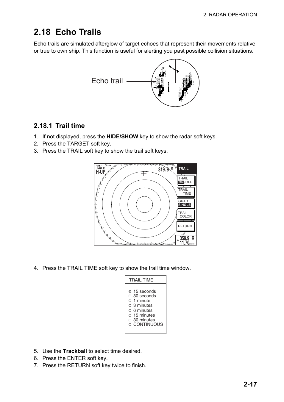 18 echo trails, Echo trail, 1 trail time | Furuno NATVET 1824C User Manual | Page 46 / 239