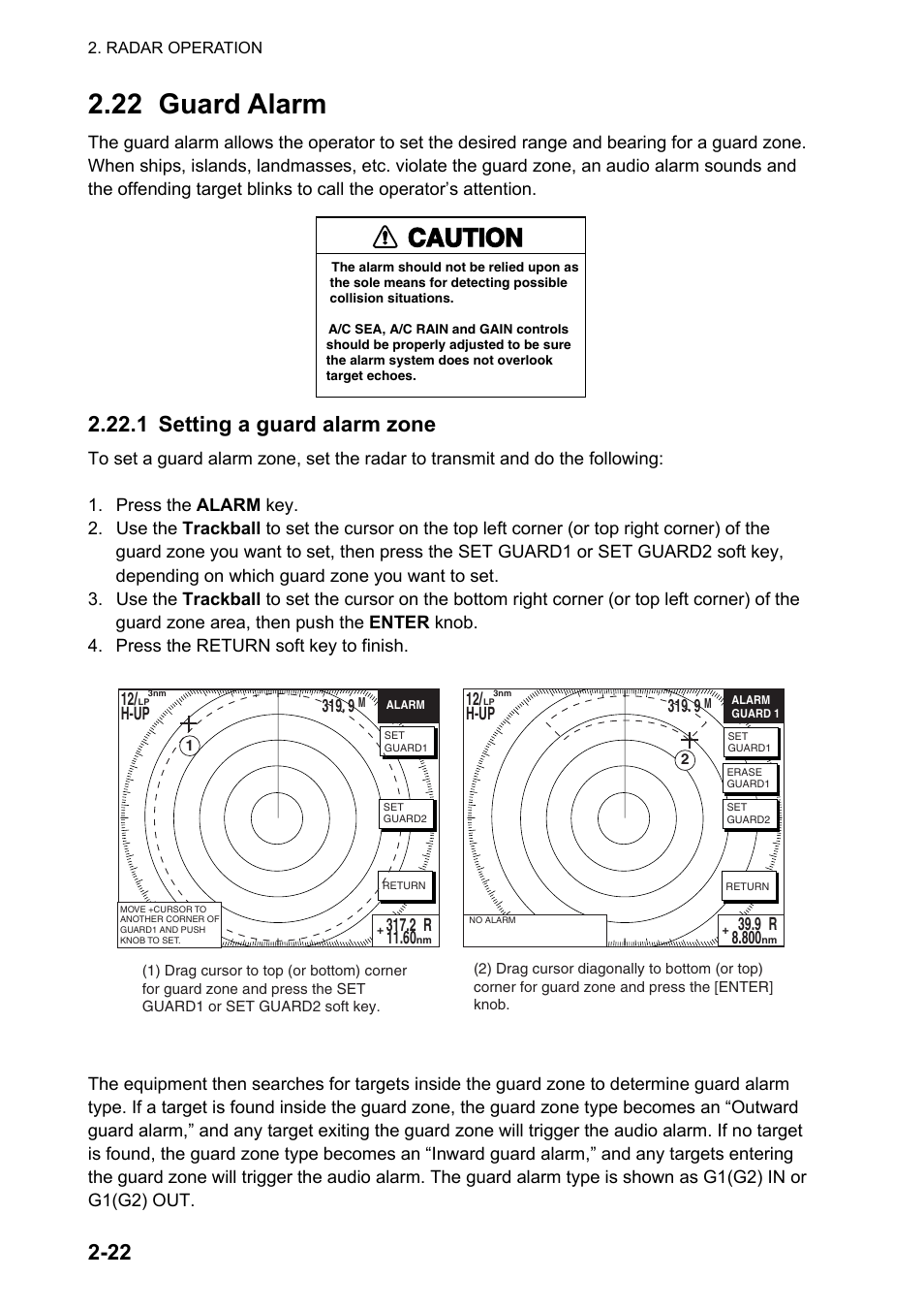 22 guard alarm, Caution, 1 setting a guard alarm zone | Furuno NATVET 1824C User Manual | Page 51 / 239
