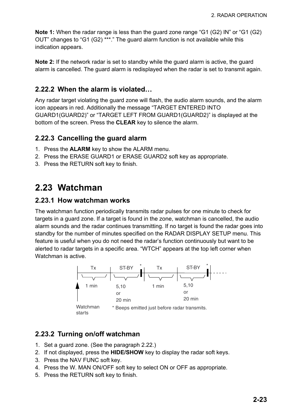 23 watchman, 2 when the alarm is violated, 3 cancelling the guard alarm | 1 how watchman works, 2 turning on/off watchman | Furuno NATVET 1824C User Manual | Page 52 / 239