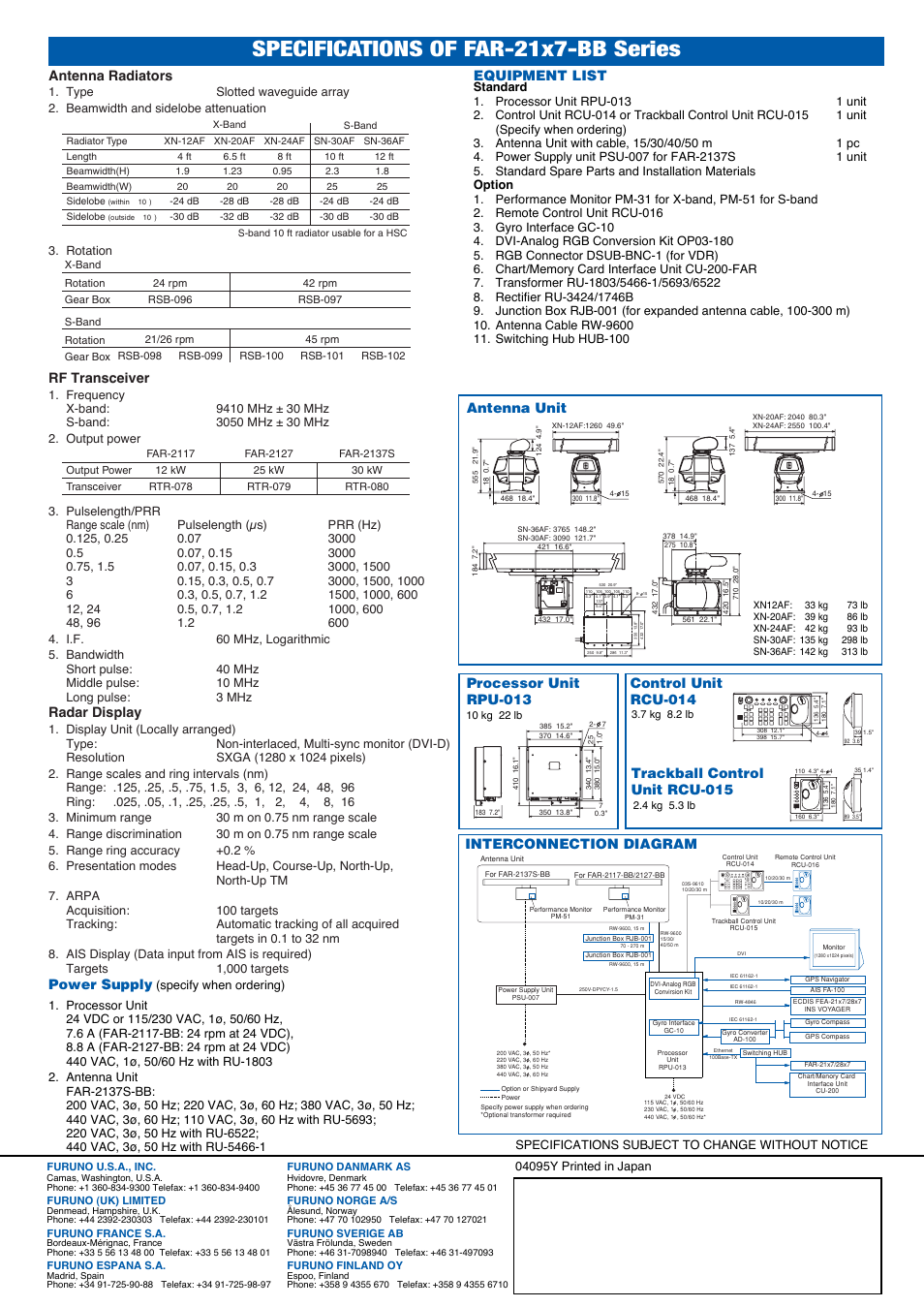 Specifications of far-21x7-bb series, Antenna radiators, Rf transceiver | Radar display, Power supply, Equipment list, Antenna unit, Interconnection diagram | Furuno FAR2137SBB User Manual | Page 4 / 4