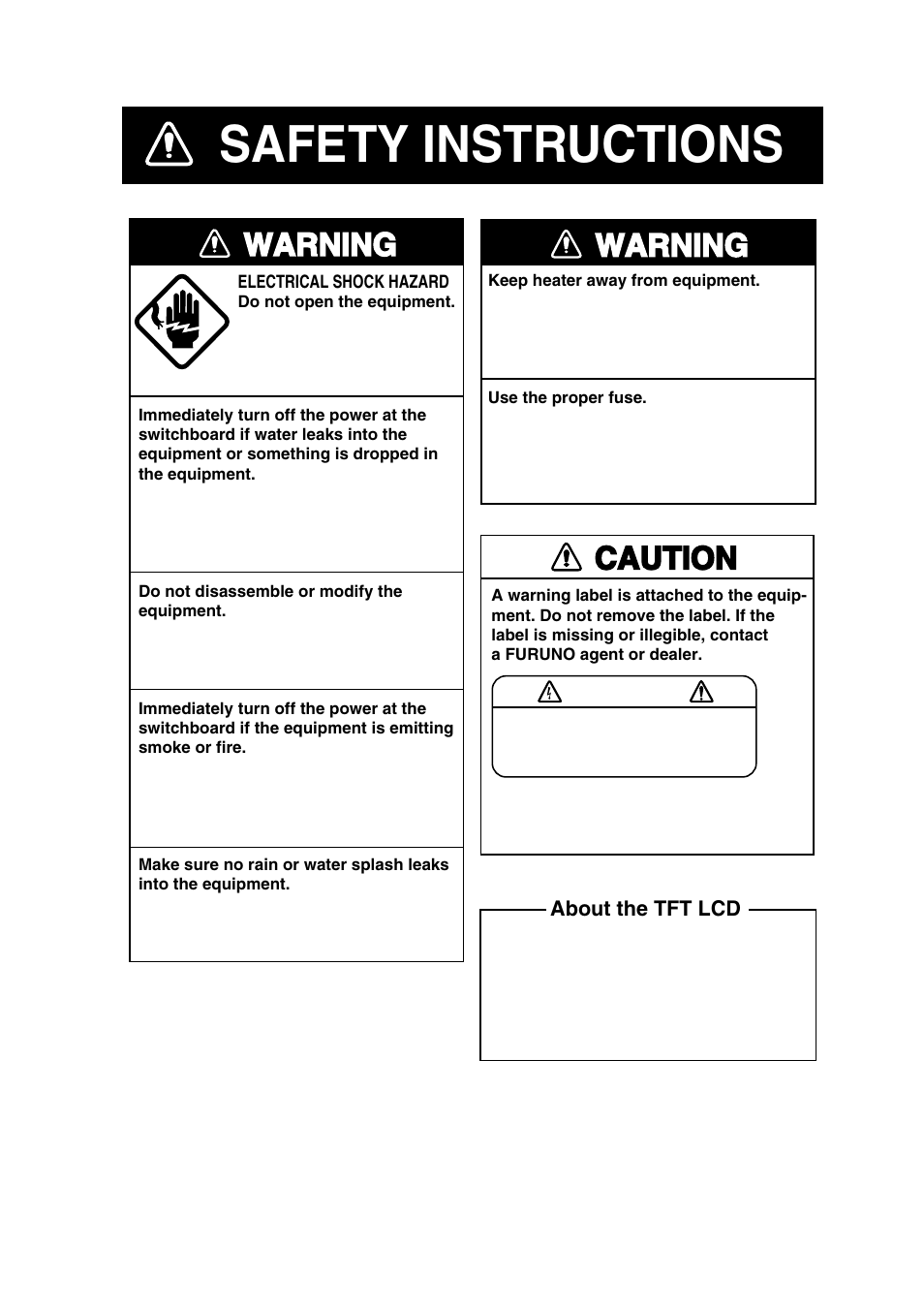 Safety instructions, Warning, Caution | Furuno FCV-1100L User Manual | Page 3 / 84