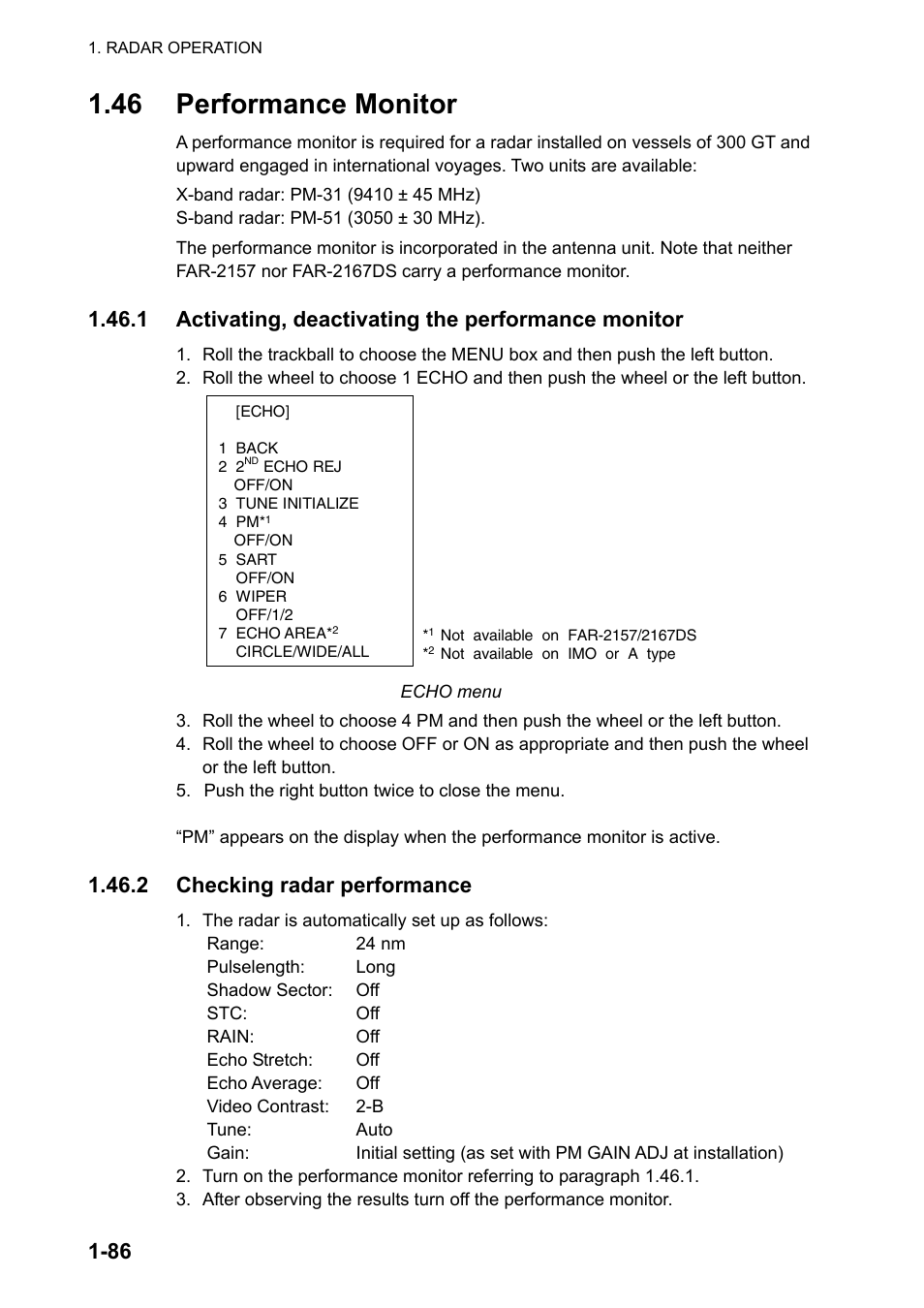 46 performance monitor, 1 activating, deactivating the performance monitor, 2 checking radar performance | Furuno FAR-2107 User Manual | Page 112 / 280