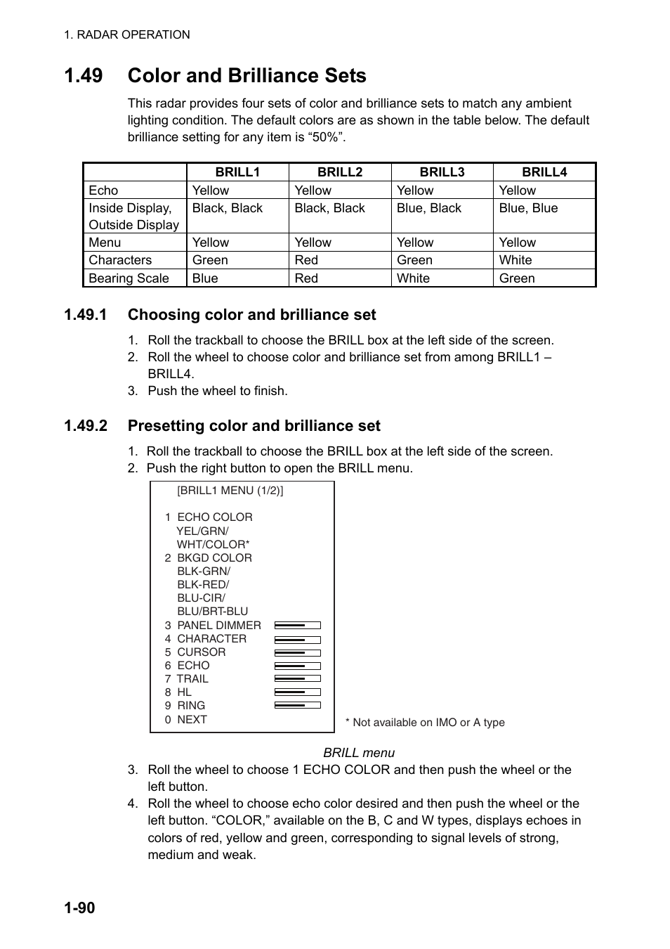 49 color and brilliance sets, 1 choosing color and brilliance set, 2 presetting color and brilliance set | Furuno FAR-2107 User Manual | Page 116 / 280