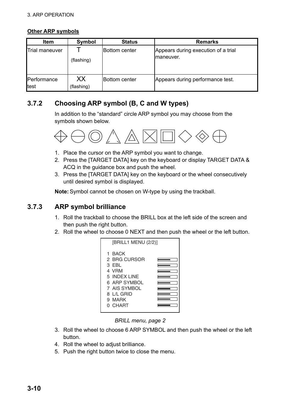 2 choosing arp symbol (b, c and w types), 3 arp symbol brilliance | Furuno FAR-2107 User Manual | Page 142 / 280