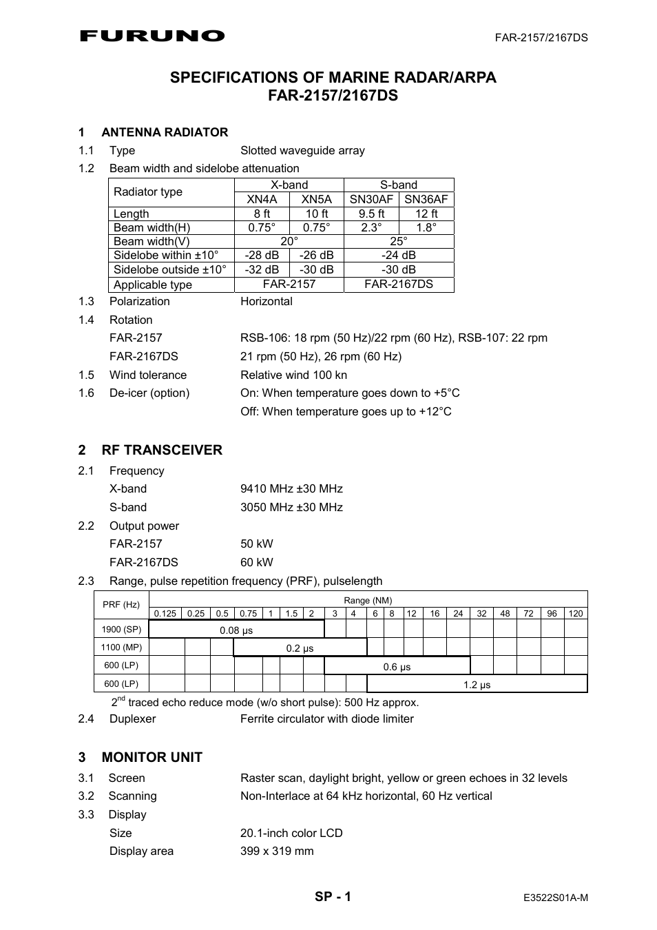 Specifications, Furuno, 2 rf transceiver | 3 monitor unit, Sp - 1 | Furuno FAR-2107 User Manual | Page 23 / 280