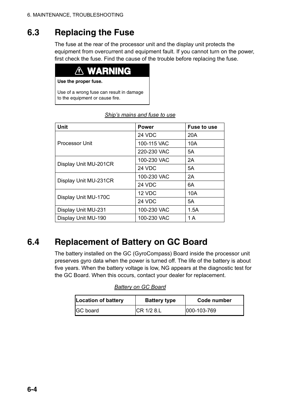 3 replacing the fuse, 4 replacement of battery on gc board, Warning | Furuno FAR-2107 User Manual | Page 234 / 280