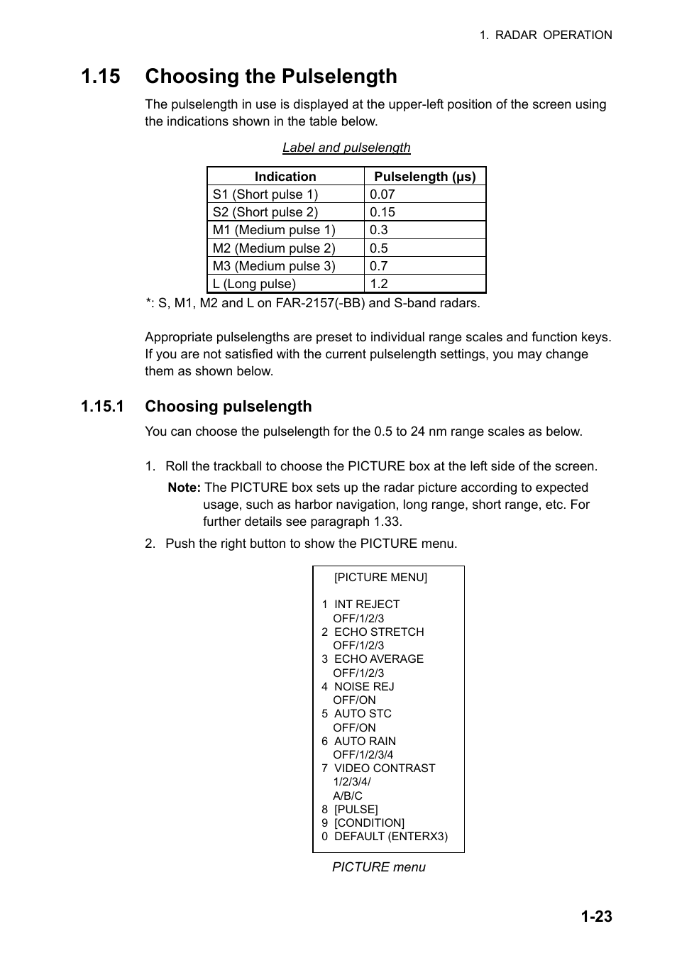 15 choosing the pulselength, 1 choosing pulselength | Furuno FAR-2107 User Manual | Page 49 / 280