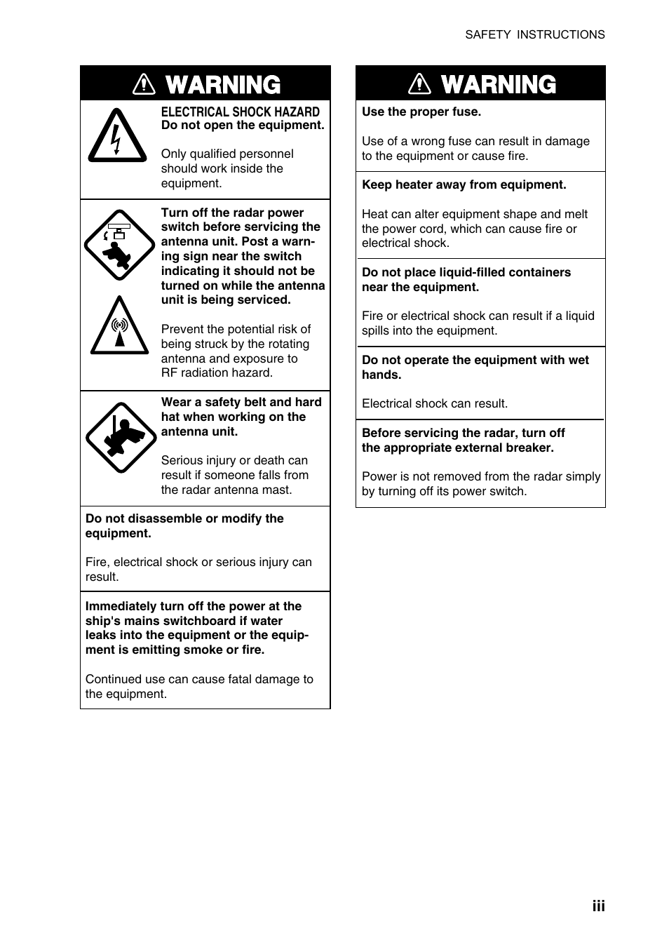 Warning | Furuno FAR-2107 User Manual | Page 5 / 280