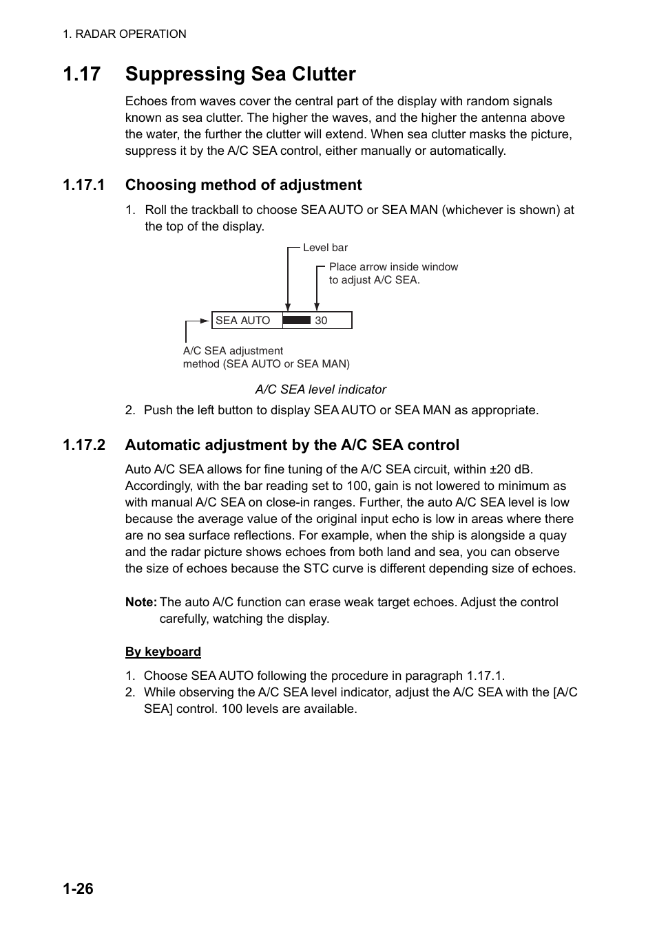 17 suppressing sea clutter, 1 choosing method of adjustment, 2 automatic adjustment by the a/c sea control | Furuno FAR-2107 User Manual | Page 52 / 280