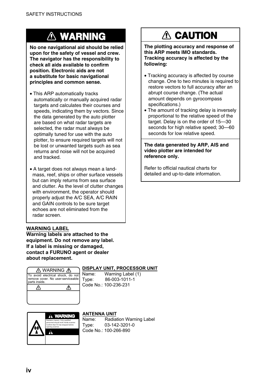 Warning, Caution | Furuno FAR-2107 User Manual | Page 6 / 280