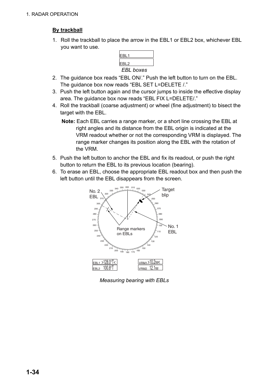 Measuring bearing with ebls, Radar operation, No. 2 ebl target blip no. 1 ebl | Furuno FAR-2107 User Manual | Page 60 / 280
