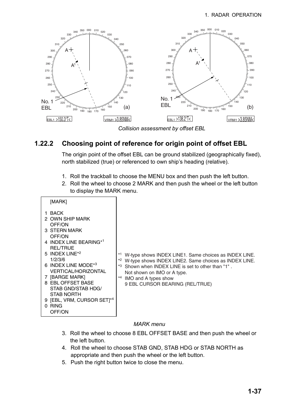 85nm, 3 °t, 2 °t | Collision assessment by offset ebl, No. 1 ebl, A) (b), Radar operation, Rel/true 5 index line, 0 ring off/on | Furuno FAR-2107 User Manual | Page 63 / 280