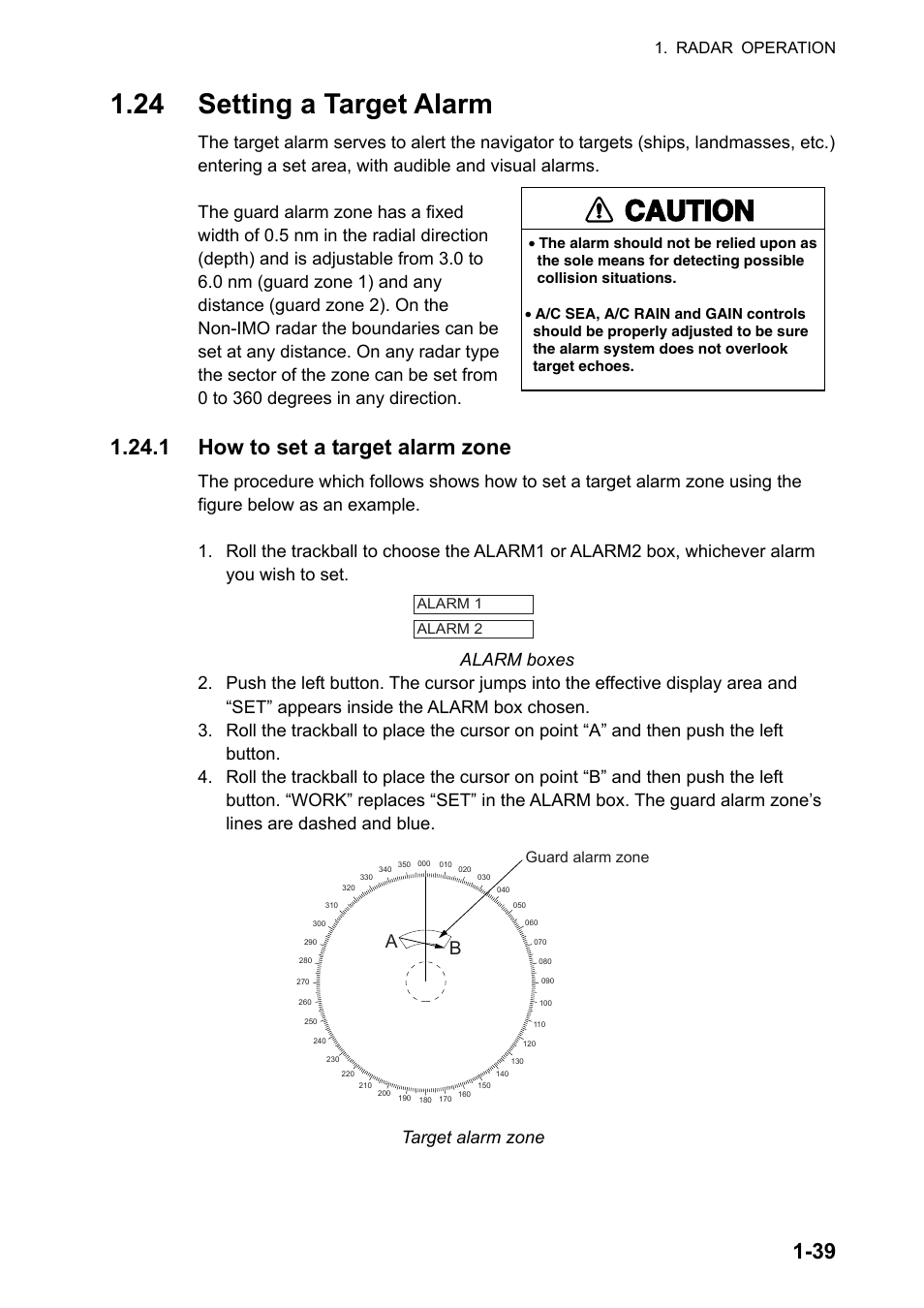 24 setting a target alarm, Caution, 1 how to set a target alarm zone | Target alarm zone, Radar operation | Furuno FAR-2107 User Manual | Page 65 / 280