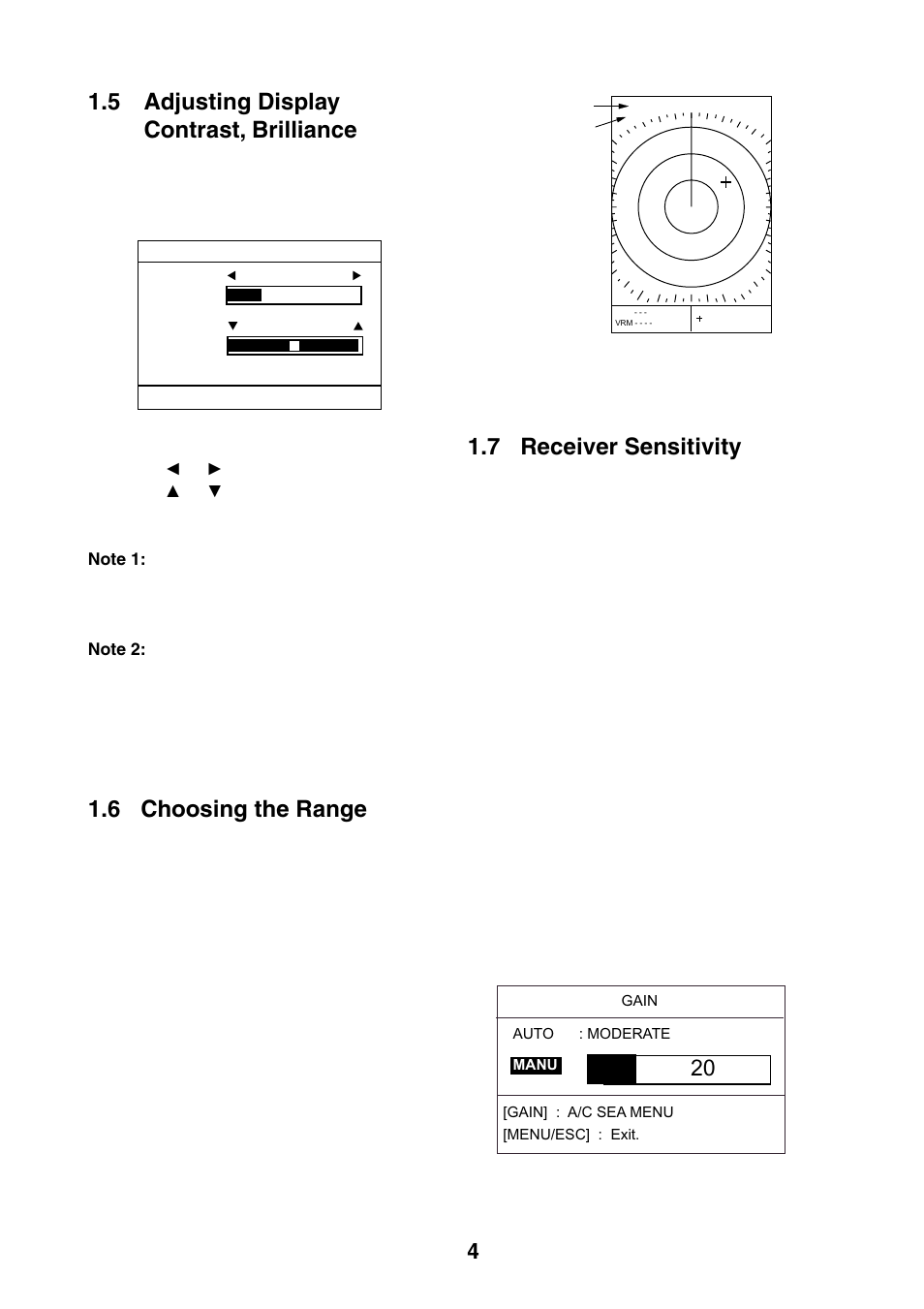 5 adjusting display contrast, brilliance, 6 choosing the range, 7 receiver sensitivity | Furuno 1623 User Manual | Page 11 / 47