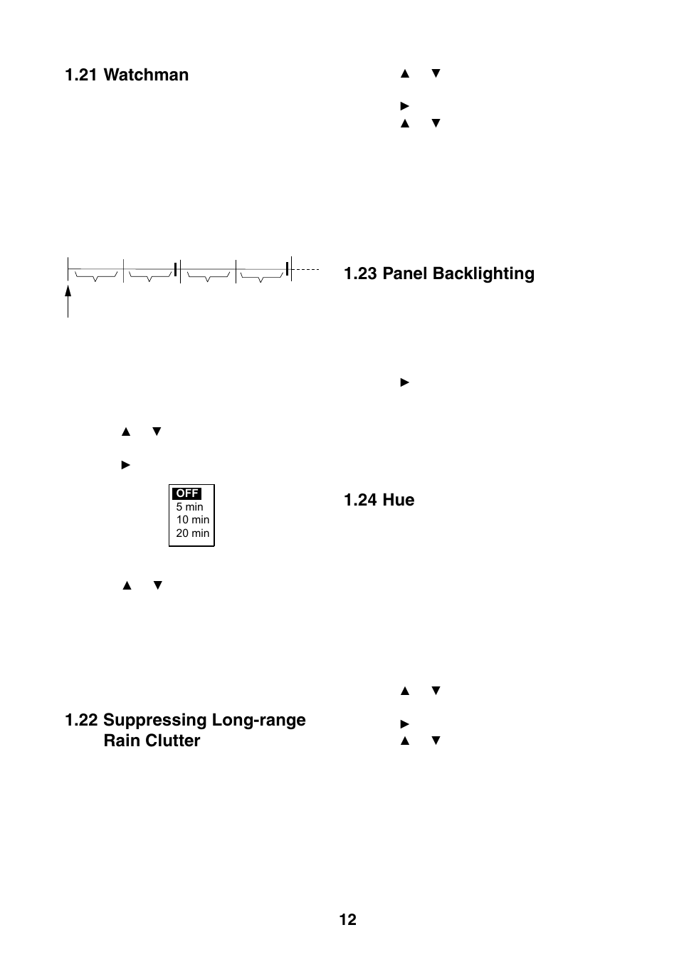 21 watchman, 22 suppressing long-range rain clutter, 23 panel backlighting | 24 hue | Furuno 1623 User Manual | Page 19 / 47