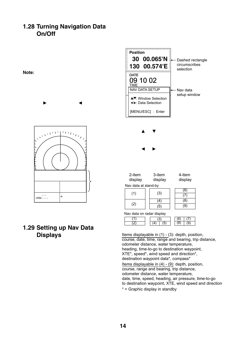 28 turning navigation data on/off, 29 setting up nav data displays | Furuno 1623 User Manual | Page 21 / 47