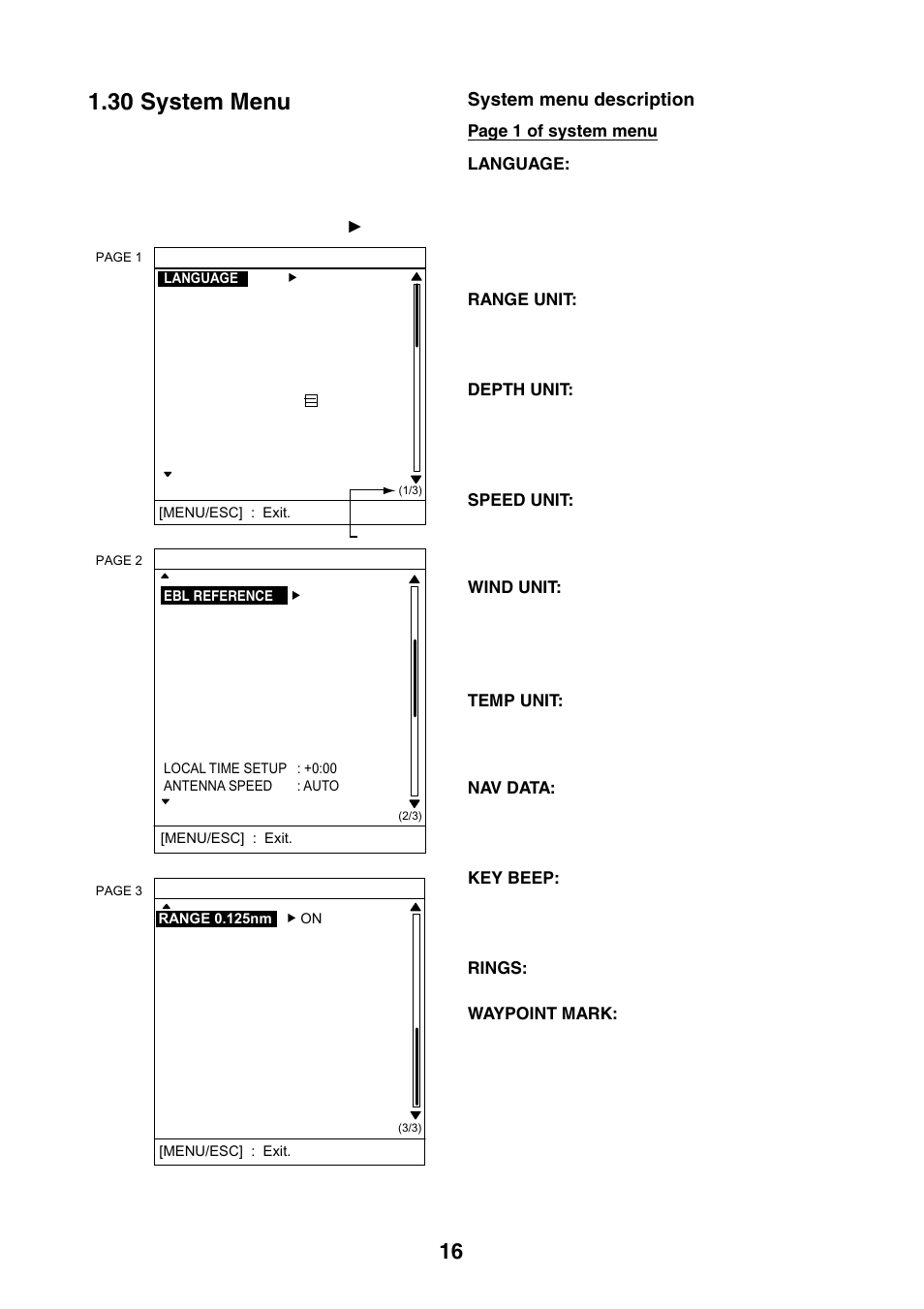 30 system menu, System menu description | Furuno 1623 User Manual | Page 23 / 47
