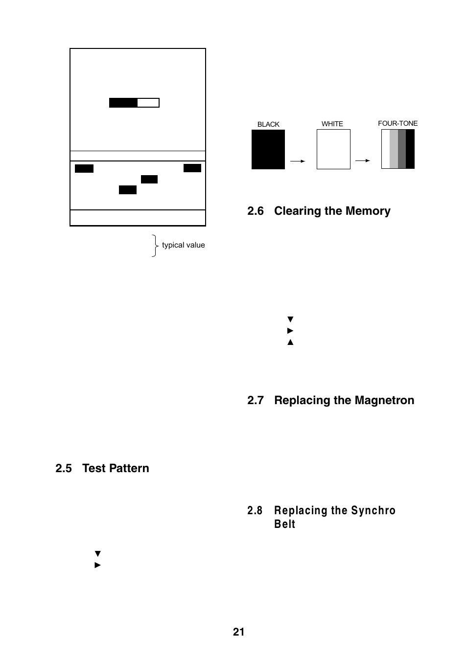 5 test pattern, 6 clearing the memory, 7 replacing the magnetron | 8 replacing the synchro belt, 8 r eplacing the synchro b elt | Furuno 1623 User Manual | Page 28 / 47