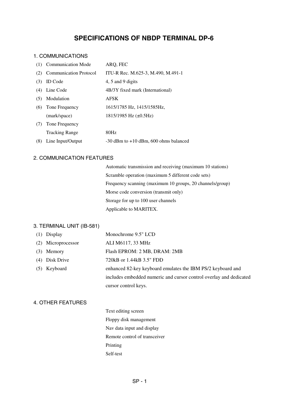 Specifications, Specifications of nbdp terminal dp-6 | Furuno DP-6 User Manual | Page 91 / 93