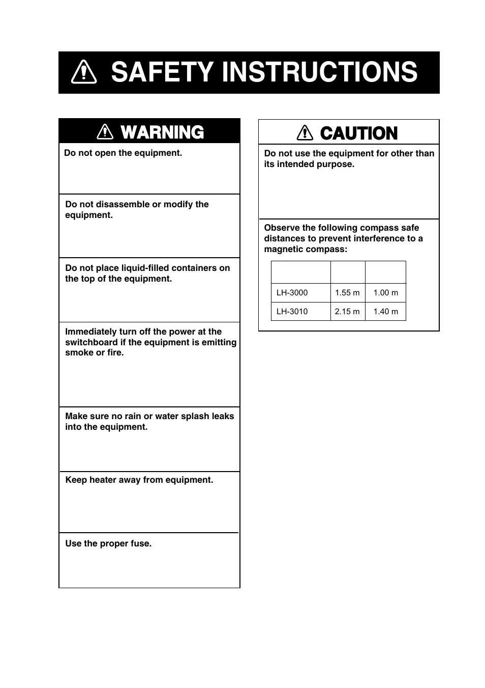 Safety instructions, Warning, Caution | Furuno LH-3000 User Manual | Page 3 / 38