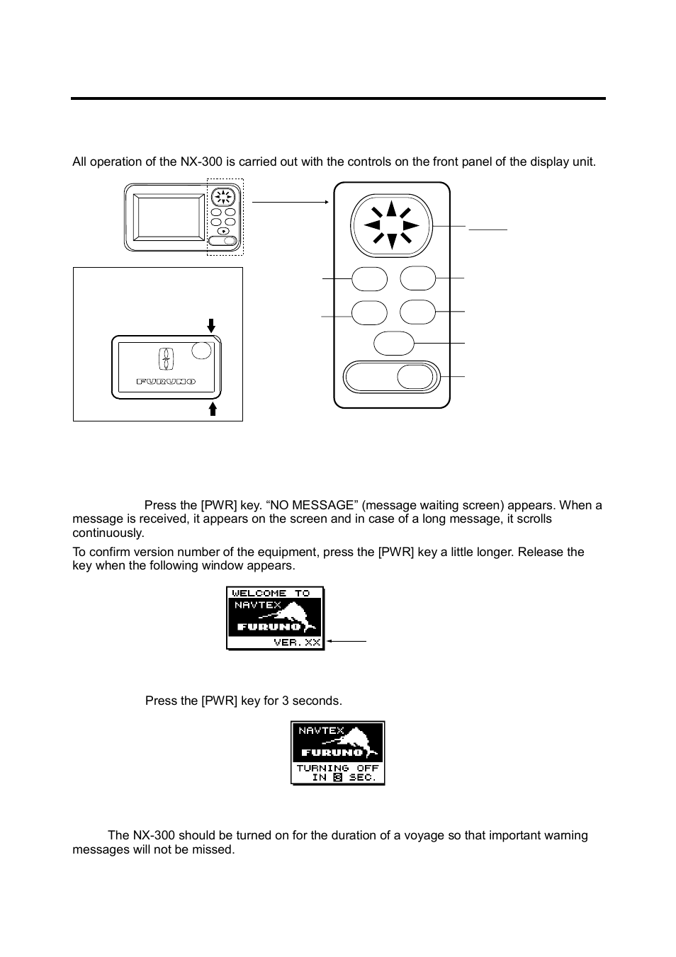 Operation, 1 control description, 2 turning the power on/off | Furuno NX-300 User Manual | Page 23 / 65