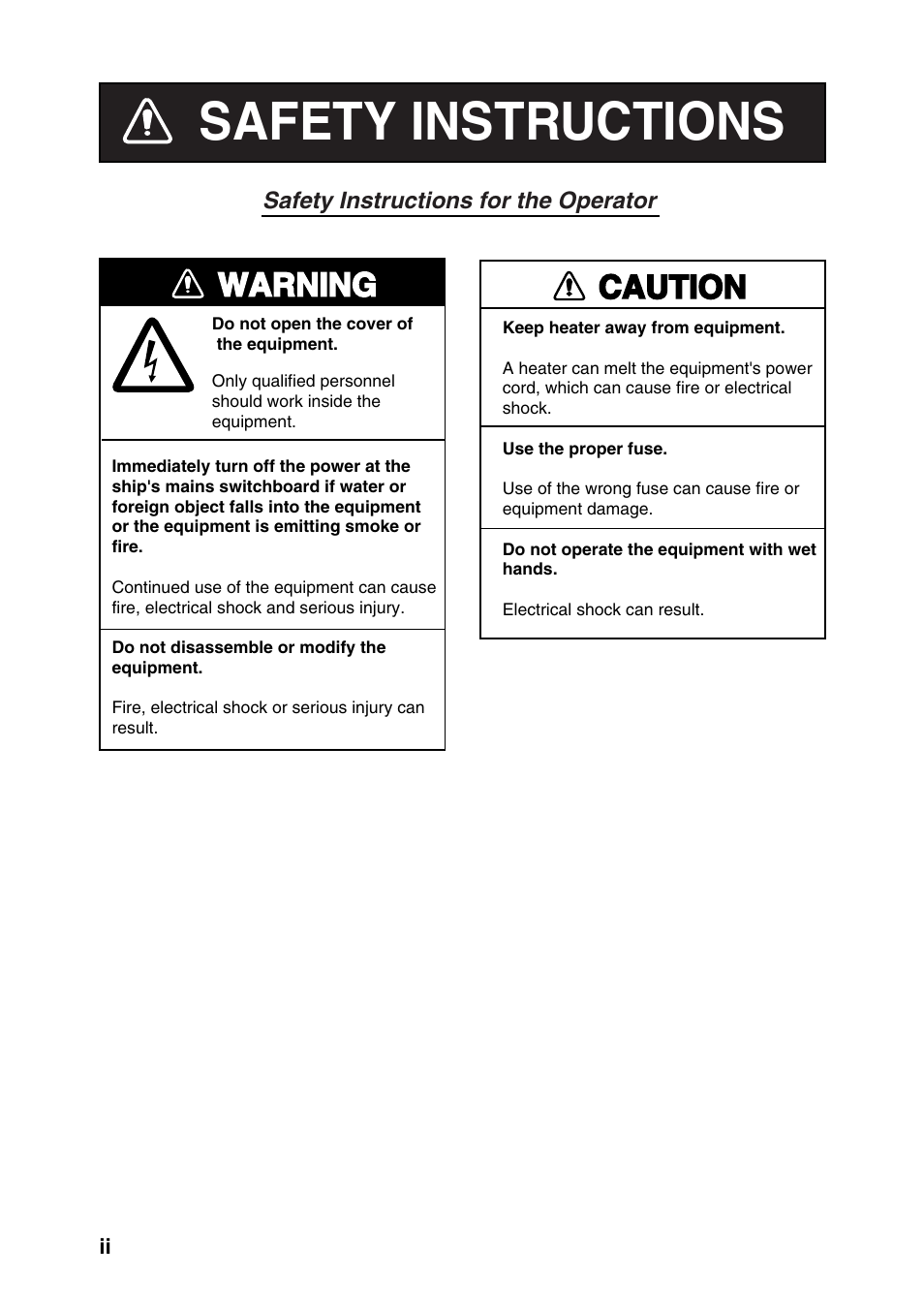 Safety instructions, Warning, Caution | Furuno NX-300 User Manual | Page 4 / 65