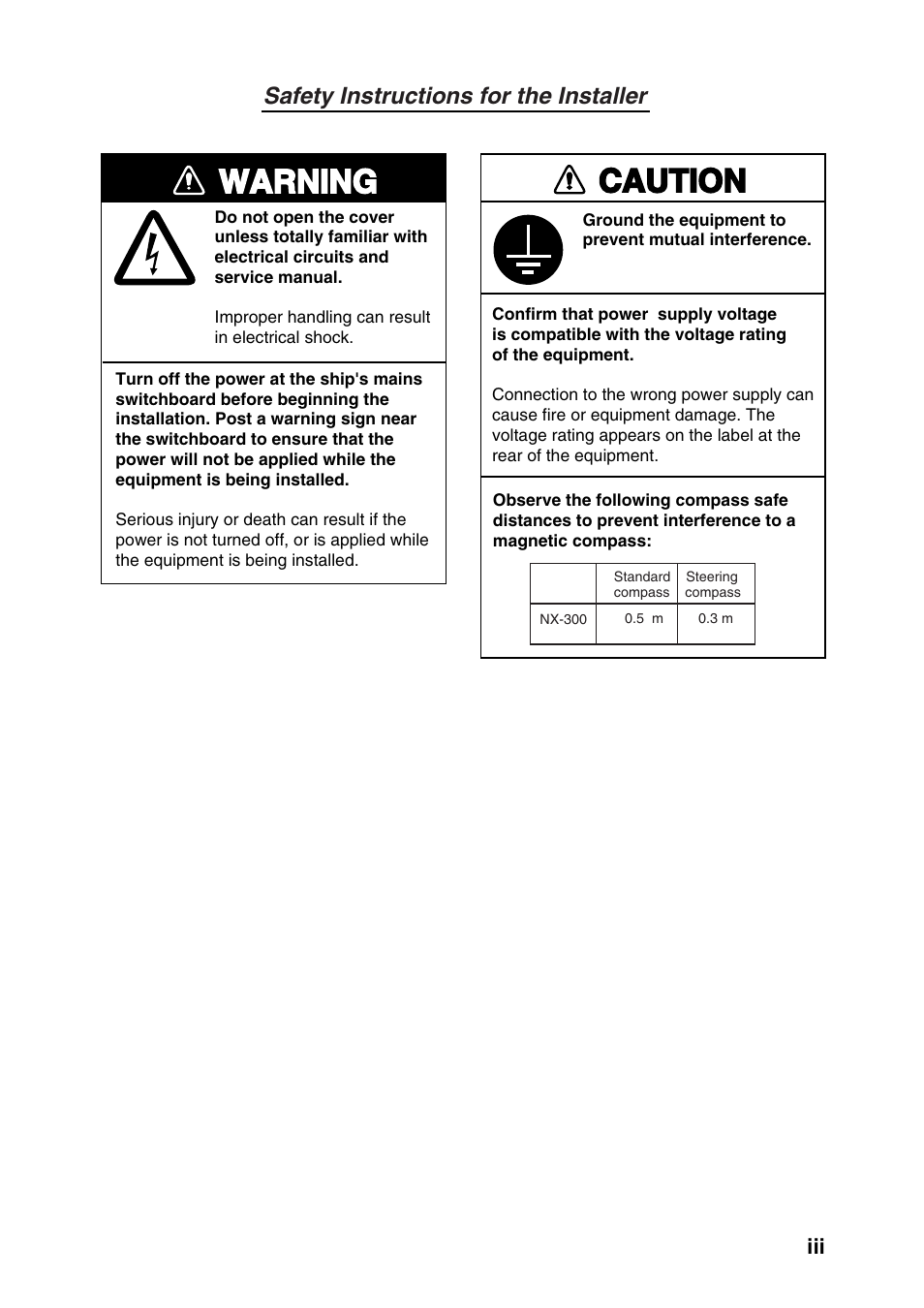 Warning, Caution, Safety instructions for the installer | Furuno NX-300 User Manual | Page 5 / 65