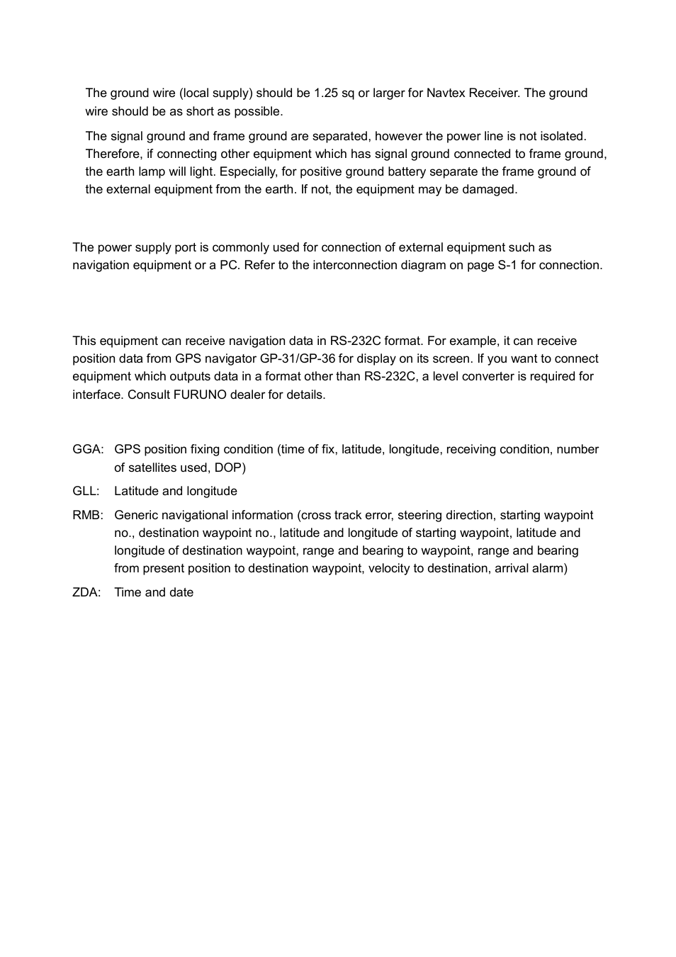 4 interfacing, Grounding, External equipment | Input data sentence description | Furuno NX-300 User Manual | Page 50 / 65