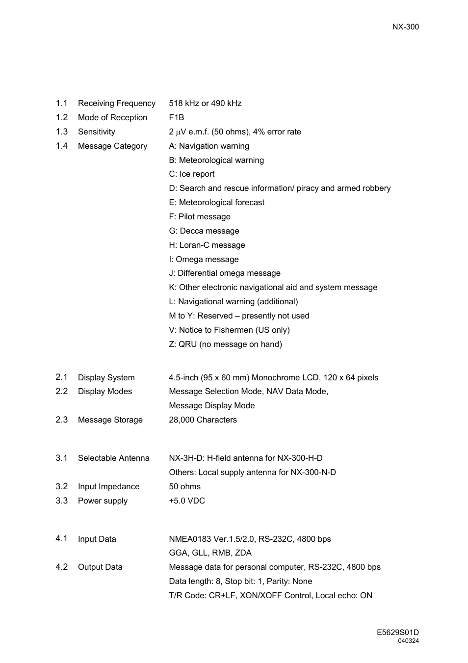 Specifications, Furuno, Specifications of navtex receiver nx-300 | Furuno NX-300 User Manual | Page 52 / 65