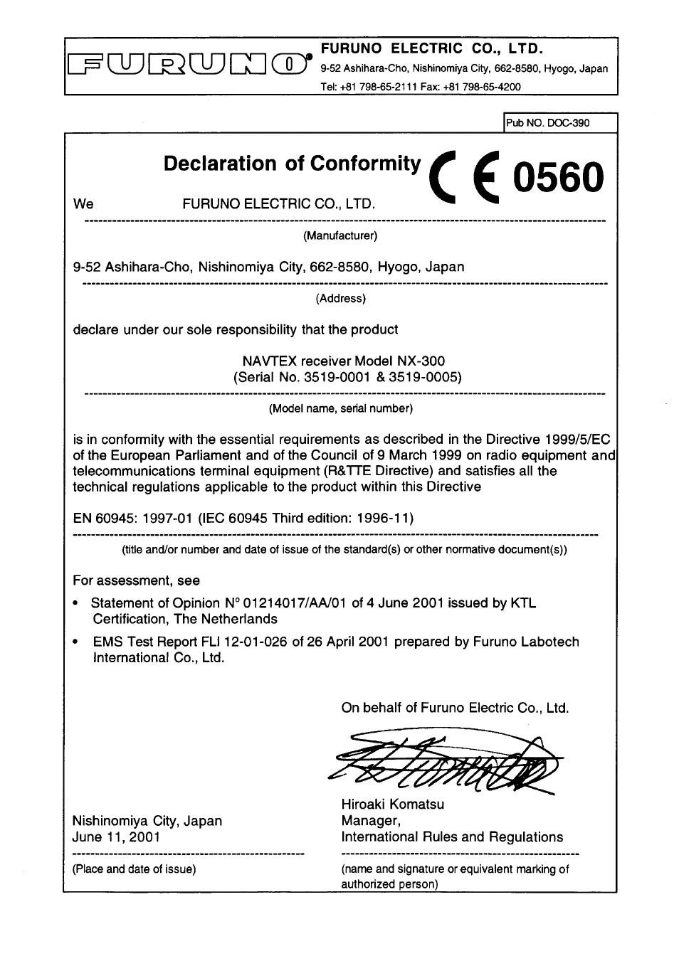 Declaration of conformity | Furuno NX-300 User Manual | Page 65 / 65