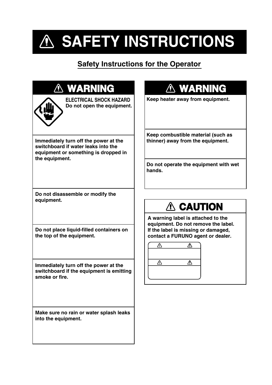Safety instructions, Warning, Caution | Safety instructions for the operator | Furuno MULTI-COMMUNICATION UNIT IB-782 User Manual | Page 3 / 22