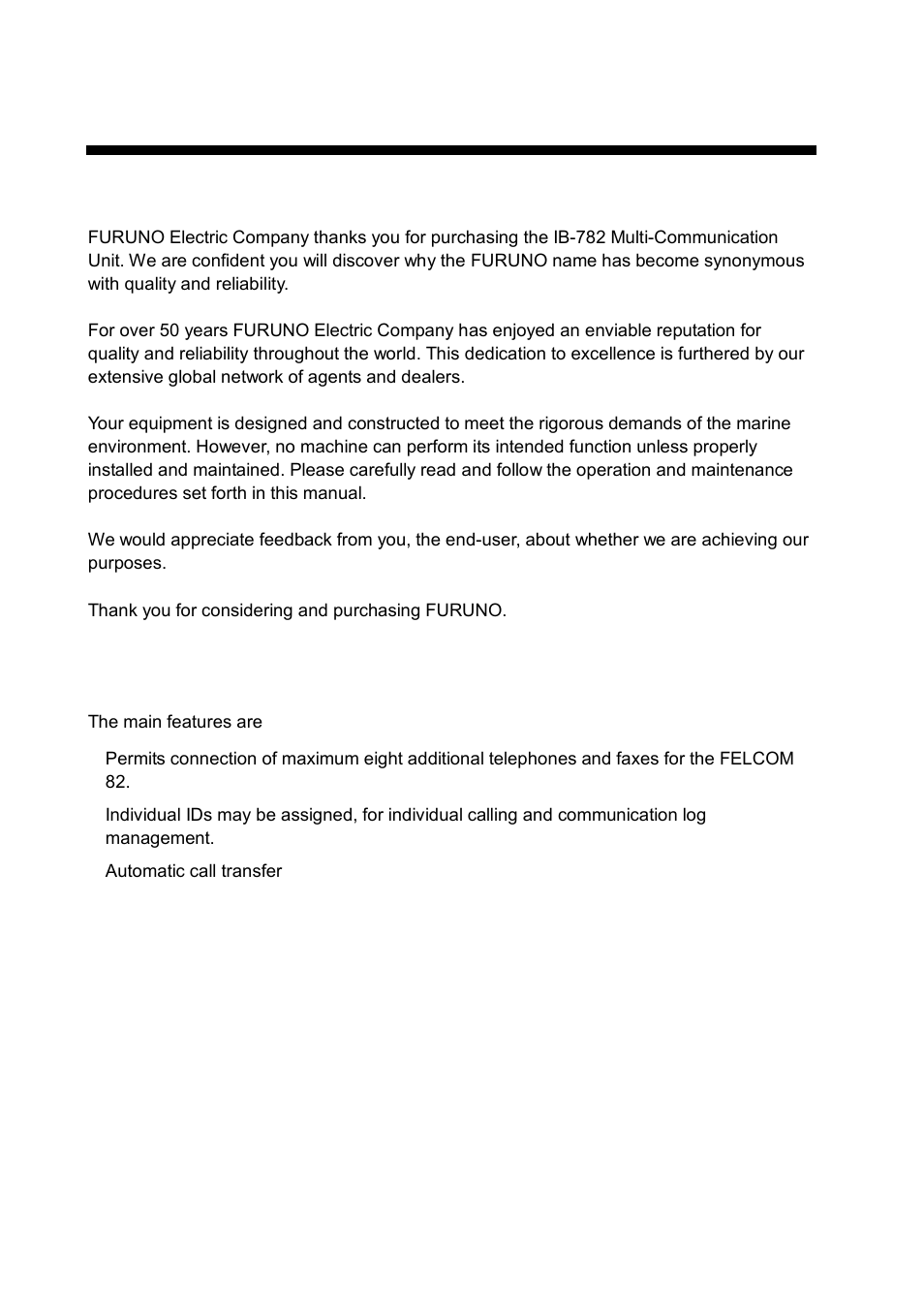 Foreword, A word to the owner of the ib-782, Features | Furuno MULTI-COMMUNICATION UNIT IB-782 User Manual | Page 6 / 22