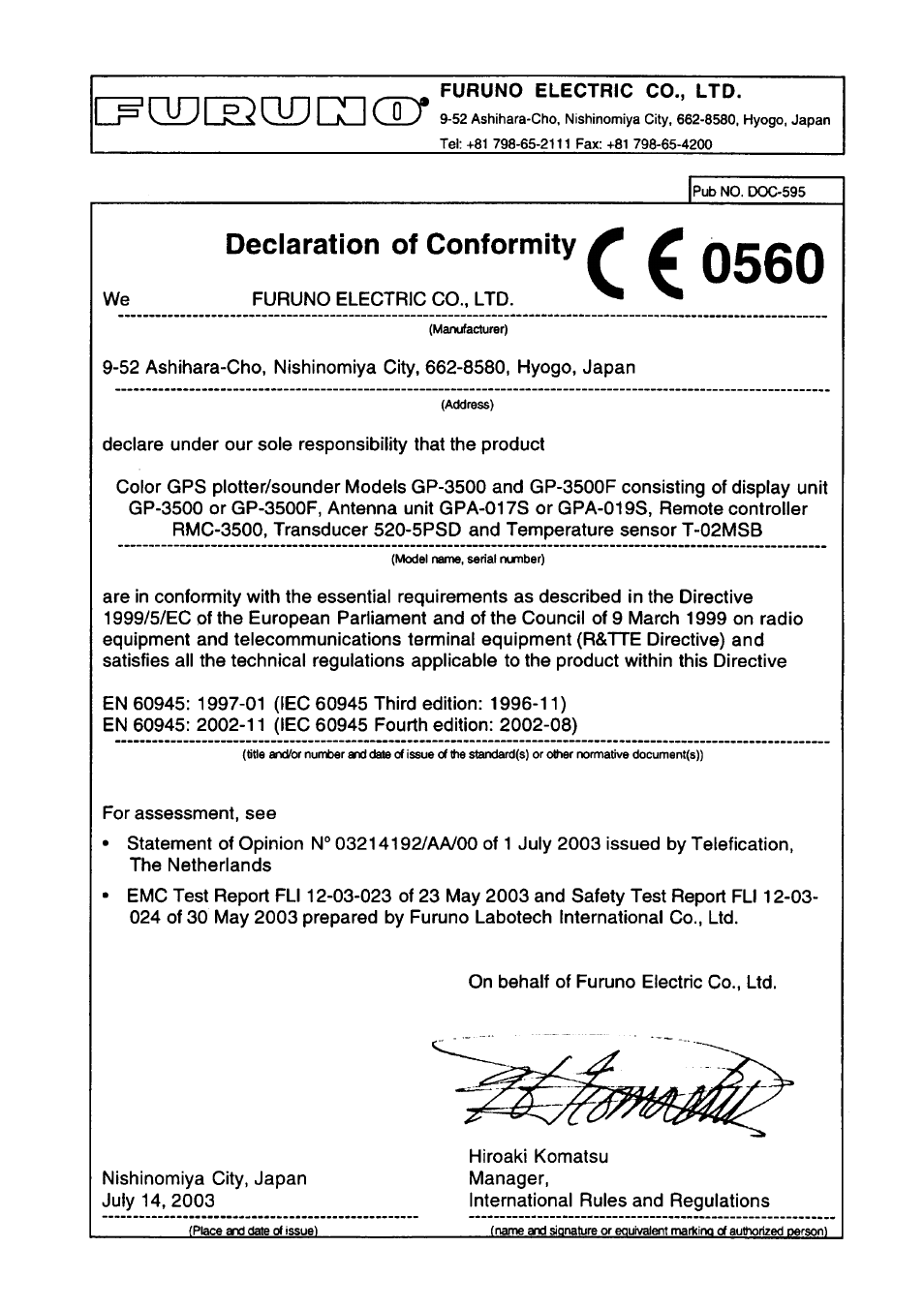 Declaration of conformity | Furuno GP-3500F User Manual | Page 246 / 246