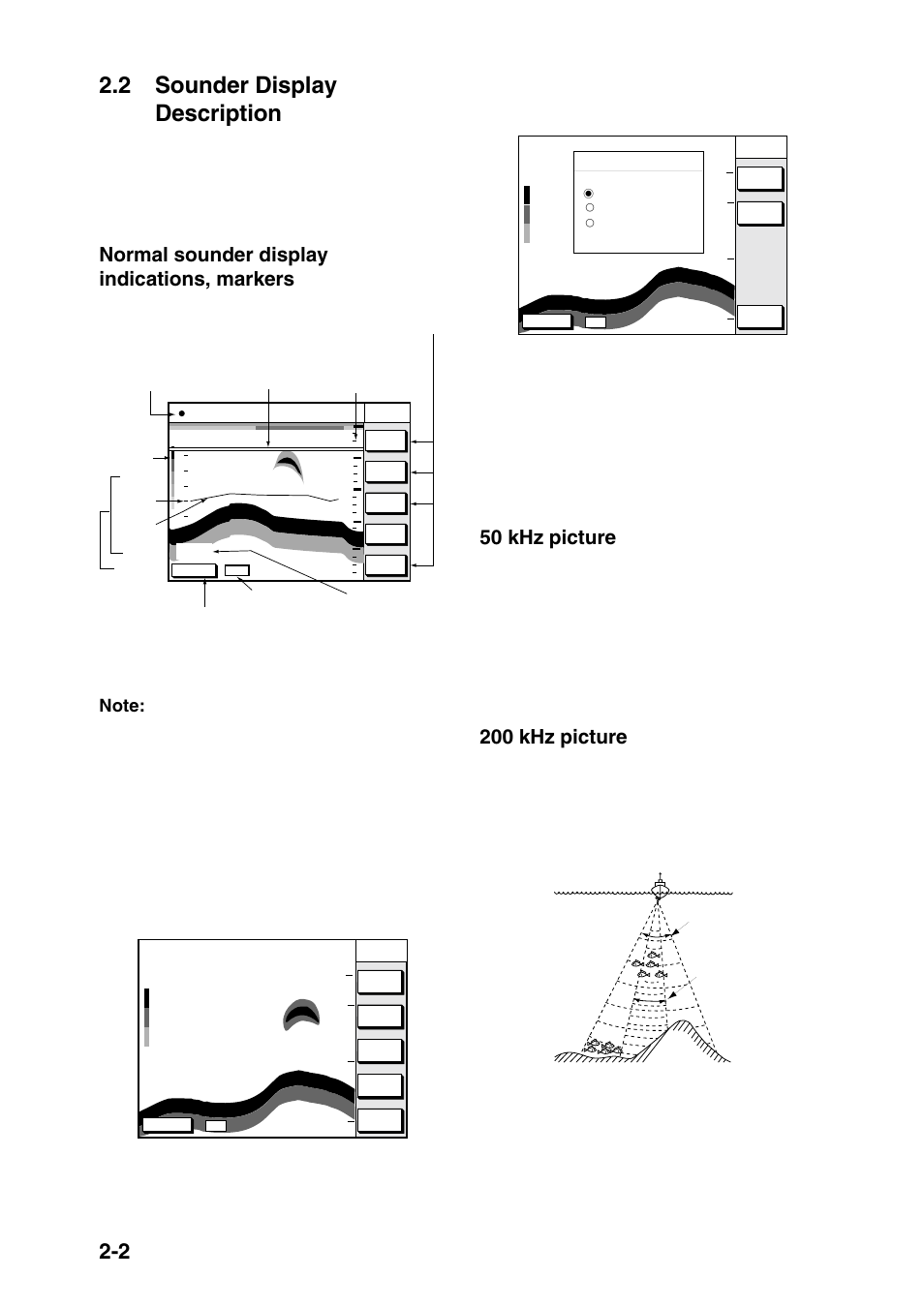 2 sounder display description, Normal sounder display indications, markers, 50 khz picture | 200 khz picture, Figure 2-5 comparisons of transducer frequencies | Furuno GP-1650F User Manual | Page 16 / 109