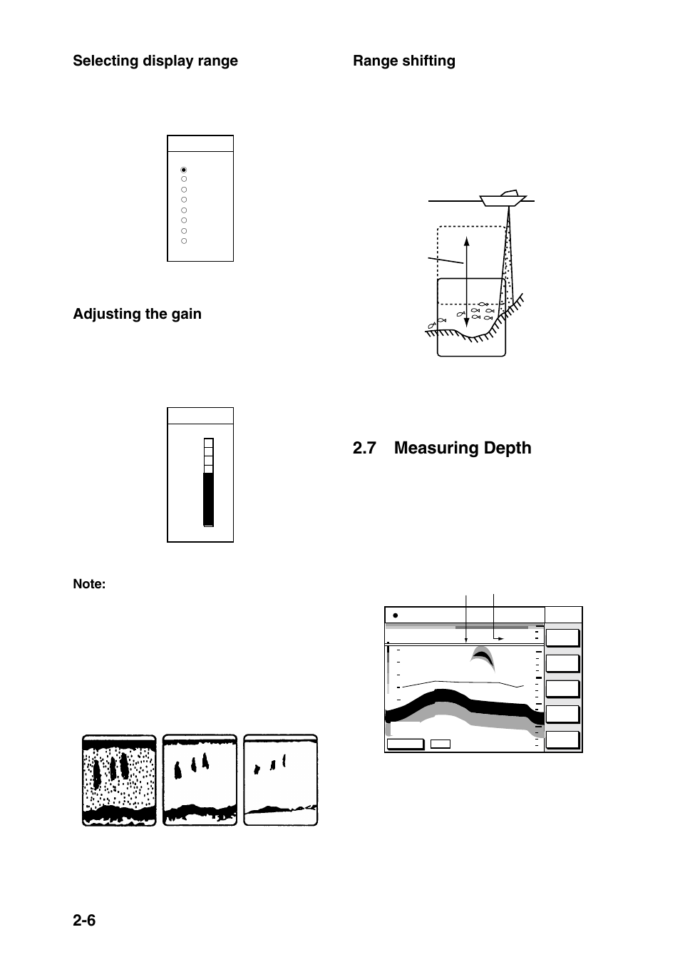 7 measuring depth, Selecting display range, Adjusting the gain | Range shifting | Furuno GP-1650F User Manual | Page 20 / 109