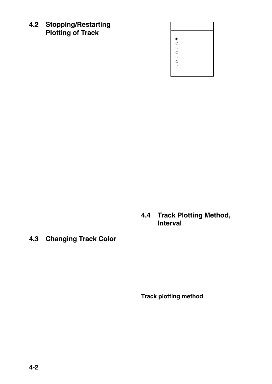 2 stopping/restarting plotting of track, 3 changing track color, 4 track plotting method, interval | Furuno GP-1650F User Manual | Page 36 / 109