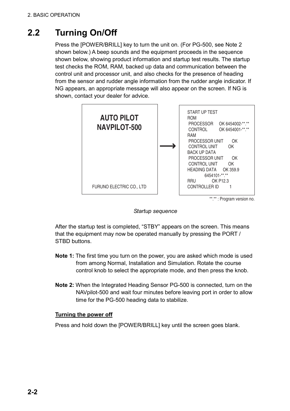 2 turning on/off, Auto pilot navpilot-500 | Furuno AUTOPILOT NAVPILOT-500 User Manual | Page 12 / 73