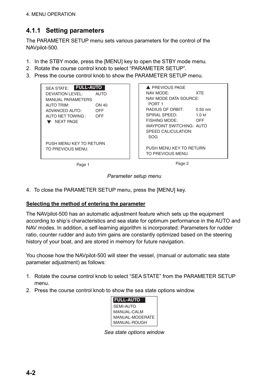 2 4.1.1 setting parameters | Furuno AUTOPILOT NAVPILOT-500 User Manual | Page 40 / 73